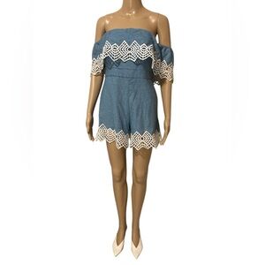 Blue Off-Shoulder Romper with Lace Trim